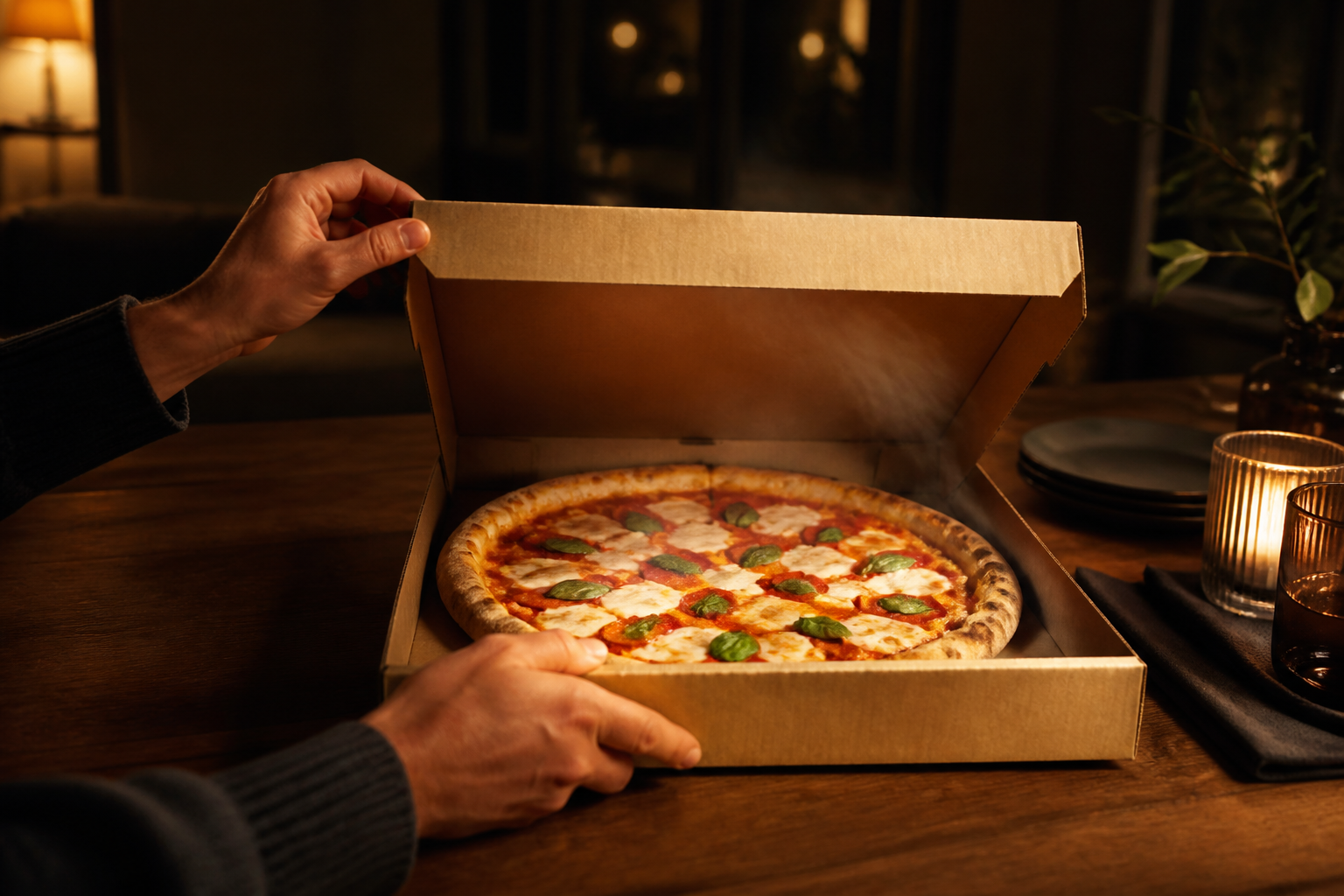 Caixa de pizza sendo aberta