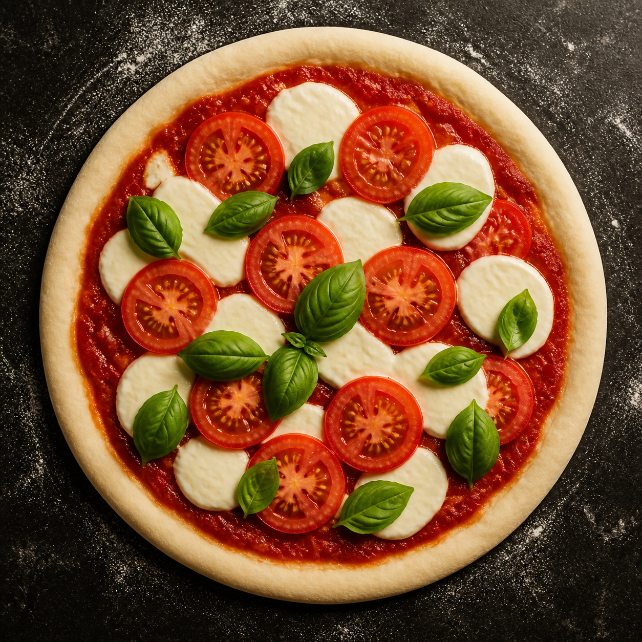 Pizza crua com tomate e manjericão